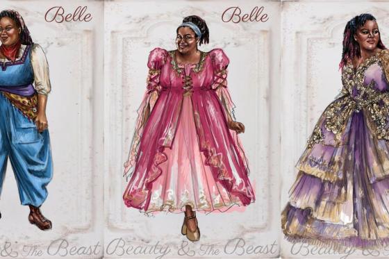 Renderings of Jade Jones as Belle in her costumes for Beauty and the Beast
